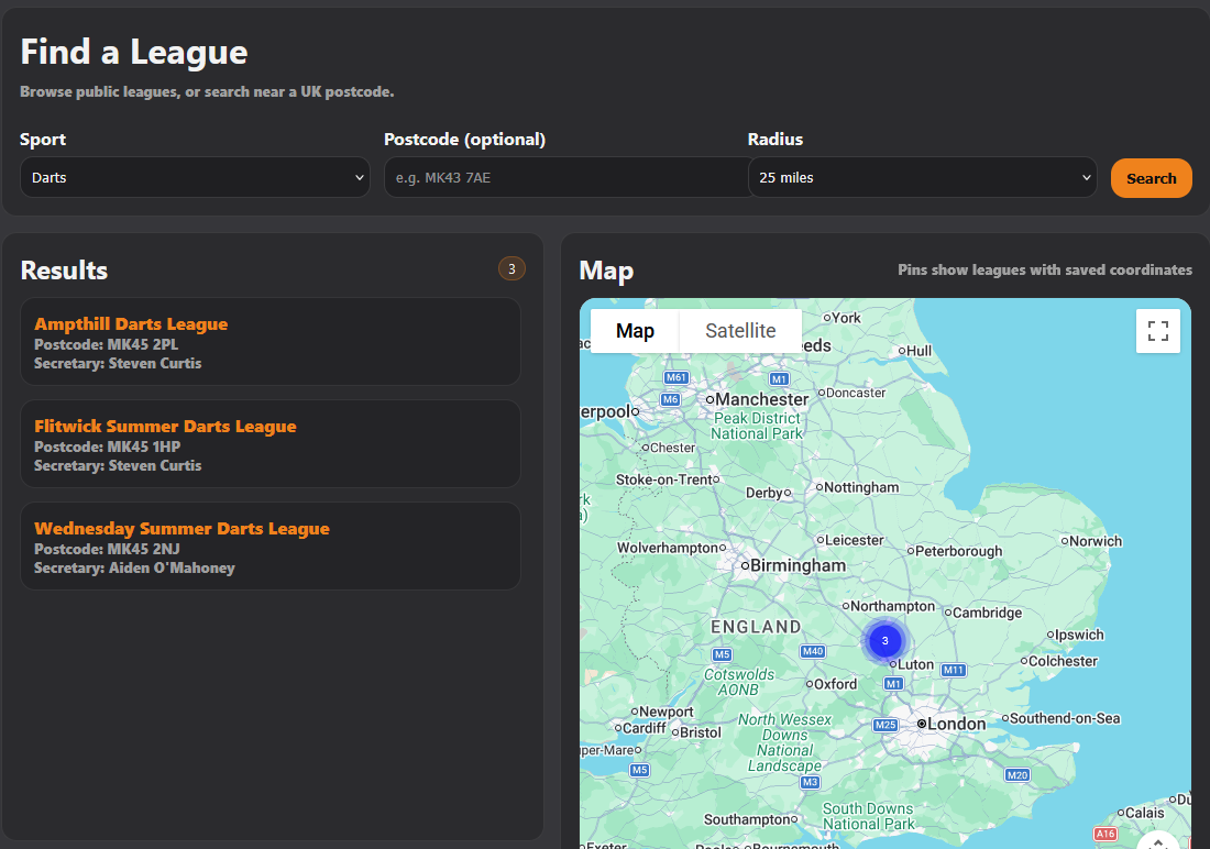 League Finder map and search results