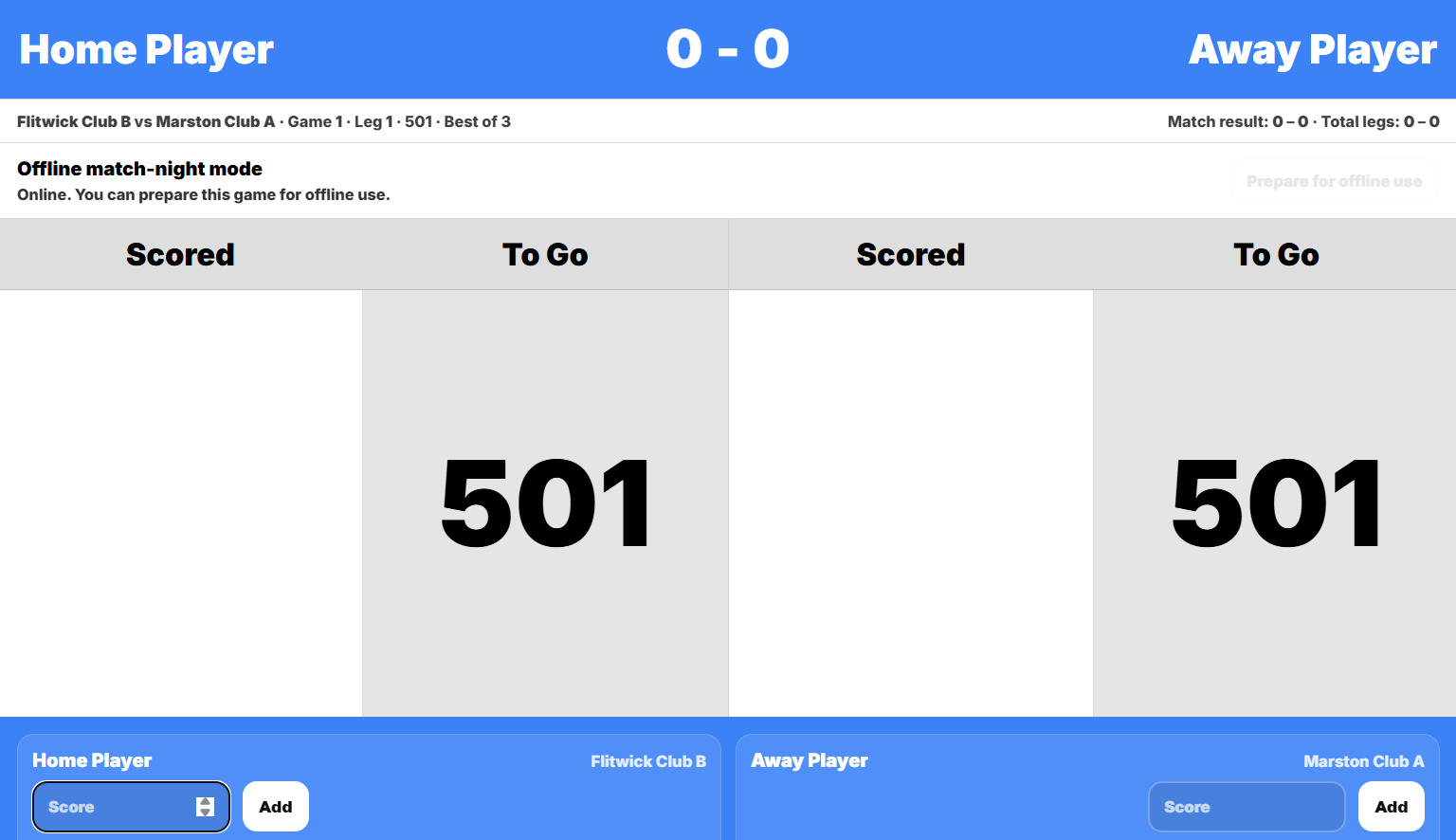 Live darts scoreboard during a match